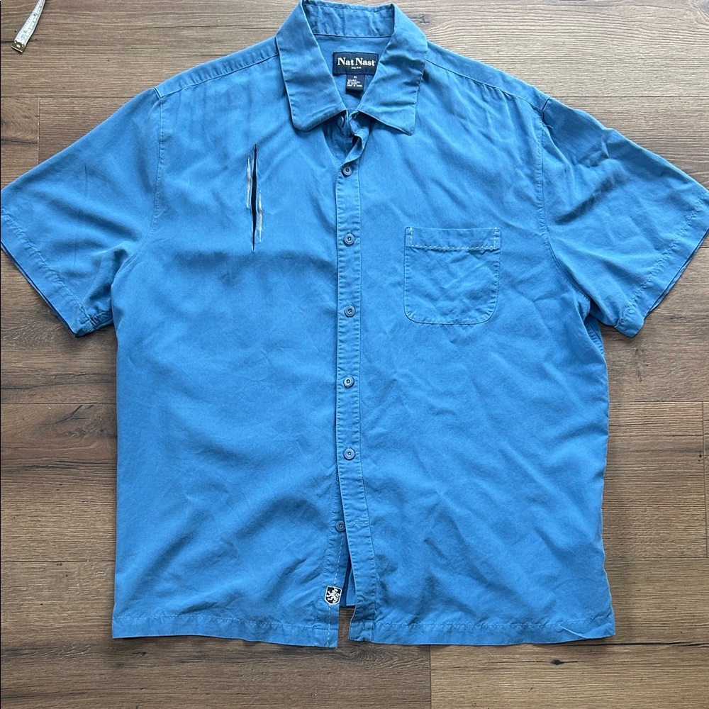 Nat Nast Silk Men's Short-Sleeve Button-Down Shirt in Blue ! XL